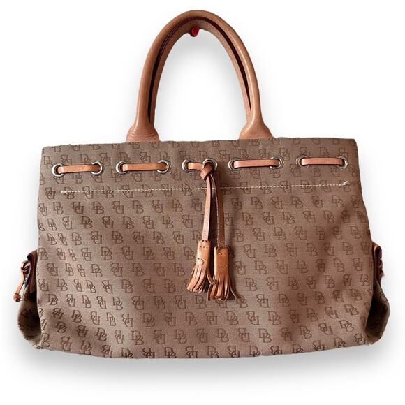 Dooney & Bourke Canvas Leather Monogram Shoulder Handbag Beige Tassel Snap - Picture 1 of 10